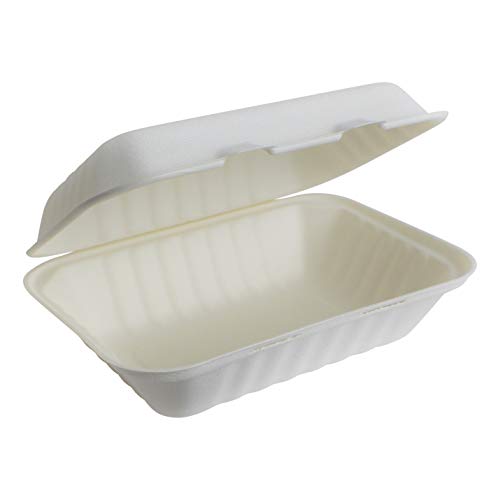 Brheez 9"x6"x3" Take-Out Natural Disposable Clamshell Lid Containers, Biodegradable, Compostable & Chemical Free - Pack of 50