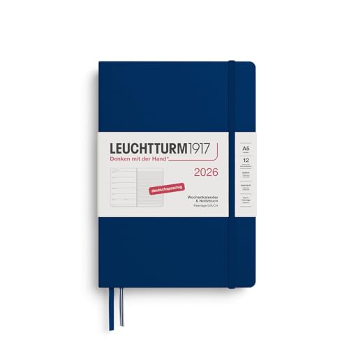 LEUCHTTURM1917 372480 Agenda semainier et bloc-notes 2026, format moyen (A5), 12 mois, bleu marine, en allemand