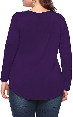 caidyny Womens Plus-Size V-Neck Tops, Causal Long Sleeve Soild Color Tunic Shirts(Purple, 2XL)