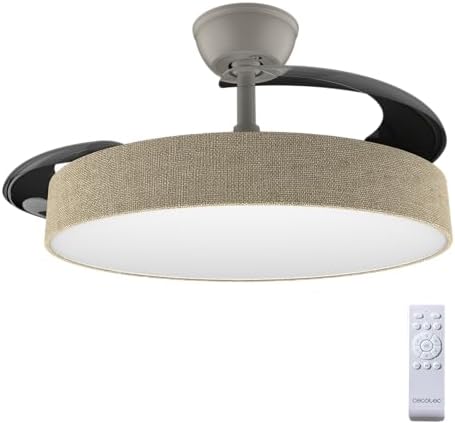 EnergySilence Aero 4222 Ventilador de Teto Têxtil Invisível com Luz e 3 lâminas retráteis. 30W, motor DC, diâmetro 42", 3 tons LED, botão, 6 velocidades, temporizador, design em tecido