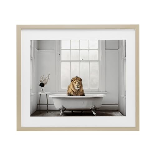 Stupell Industries Minimalist Lion Bathtime White Framed Print Under Glass, des…
