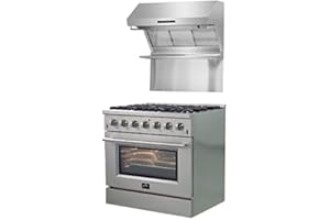 FORNO Galiano Full Gas 36″ Inch Freestanding Range 5.36 Cu.Ft. Convection Oven Stainless Steel & Savona 36" Wall Mount Range Hood & Back Splash 1200 CFM, 4 Speeds Kitchen Stove Vent