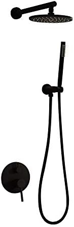 Luxury Black Matte Painting Full Brass Body Bath Shower Faucet Set 12" Round Rain Shower Head + Hand Shower Spray,Single Lever Hot and Cold Mixer Taps Shower Trim Kit