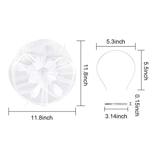 Fascinator Hat Jack & Rose Flower Feather Net Mesh Kentucky Derby Tea Party Headwear with Hair Clip and Hairband for Women or Girls (White)