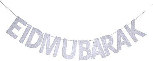 Eid Mubarak Banner, Ramadan Kareem Bunting Party Decorations, Islamic Muslim Party Decors Supplies - Silver Glitter