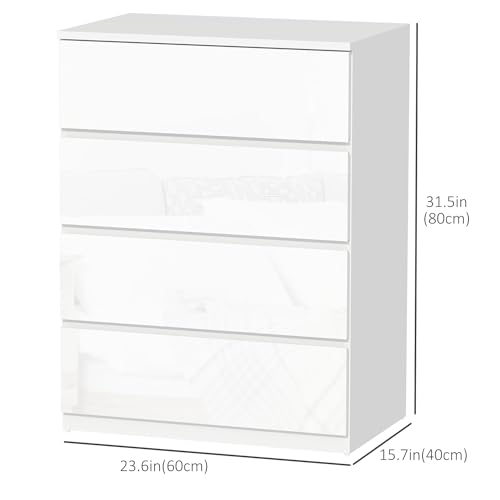 HOMCOM Dresser for Bedroom with 4 Drawers, High Gloss Chest of Drawers with Metal Runners and Groove Handles for Living Room, Hallway, White