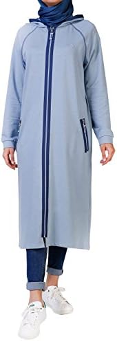 Lotus, zippered long tunic with hoody for Hijabi Women (12, Blue)