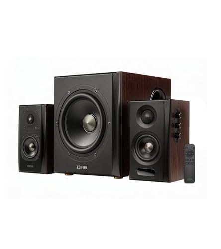 Edifier S355DB 2.1 Powered Bookshelf Speakers with 8" Wireless Subwoofer, 150W Tri-Amp Hi-Res Audio, Computer Speaker System, Bluetooth 6.0 with LDAC, HDMI/Optical/Coaxial Inputs for PC, TV (Walnut)