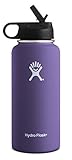 Hydro Flask Vacuum Insulated Stainless Steel Water Bottle Wide Mouth with Straw Lid (Plum, 32-Ounce)