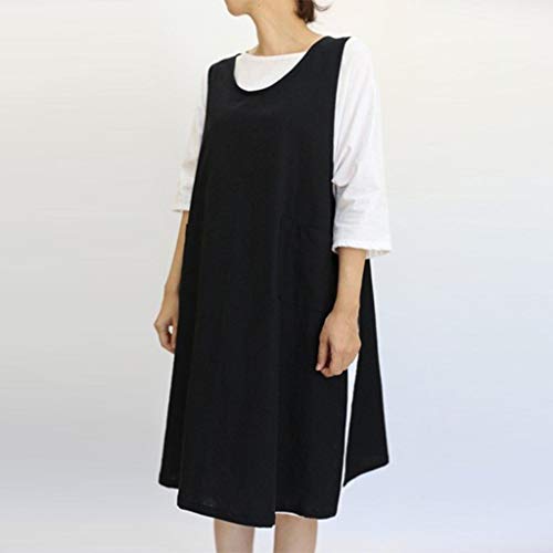 KESEELY Women Cotton Loose Dress Plus Size Solid Color Tunic Dress 2019 Apron with Pockets Dress Black