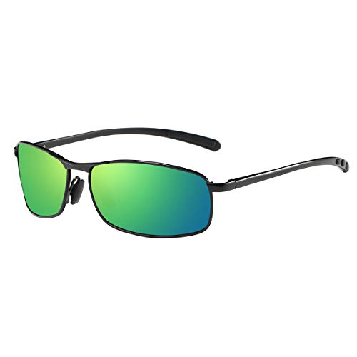 ZHILE Rectangular Polarized Sunglasses Al-Mg Alloy Temple Spring Hinge UV400 (Black/Green, Green mirrored)