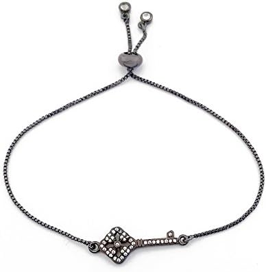 Fashion Metal Women's Snake Chain Key Charm Bracelets with Rhinestones 2 Danglers Ends Ball Clasp Adjustable Length Black