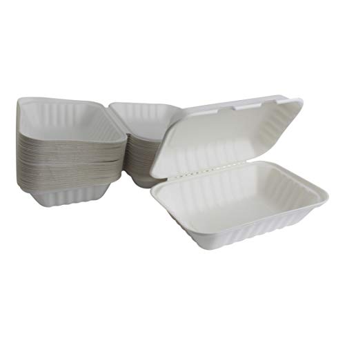 Brheez 9"x6"x3" Take-Out Natural Disposable Clamshell Lid Containers, Biodegradable, Compostable & Chemical Free - Pack of 50