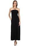 Sakkas 5026 Comfortable Jersey Feel Solid Color Smocked Bodice String Halter Maxi / Long Dress - Black / X-Large