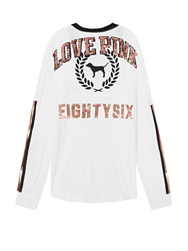 Victoria's Secret Pink New! Sequin Bling Varsity V-Neck Long Sleeve Tee Color White Colorblock Bling Large