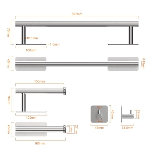 Self-Adhesive Towel Rail, 5-Piece Bathroom Accessories Kit, 16 inch/40cm Wall-Mounted Towel Holder, Toilet Paper Holder and 3 Towel Hooks, 304 Stainless Steel, Bath Hardware Hand Towel Bar