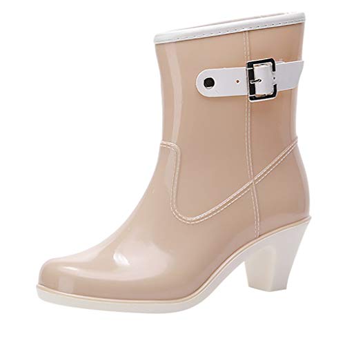 ❤Kauneus❤ Mid Calf Rain Boots for Women Almond Toe Waterproof Non-Slip Low Heel Pumps Ankle Booties Water Shoes Beige