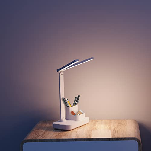 LED Desk Lamp with StorageDouble Headed Light with Phone Holder, Pen