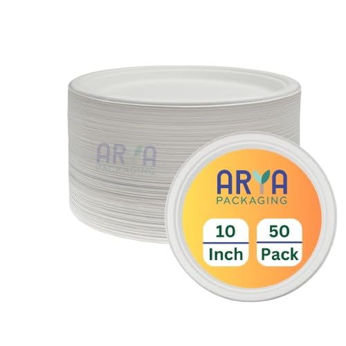 Arya PACKAGING 10 Inch Pack of 50, 100% Compostable Heavy-Duty Eco-Friendly Disposable Bagasse Plates, Made of Natural Sugarcane Fibers Biodegradable Paper Plates