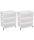 Sterilite 29308001 Wide 3 Drawer Cart, White Frame with Clear Drawers and Black Casters, 2-Pack