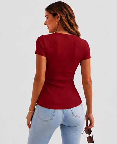Short Sleeve T-Shirt Women Summer Square Neck T Shirt Knit Ribbed Fitted Top Elegant Cotton Elegant Solid Lightweight Casual