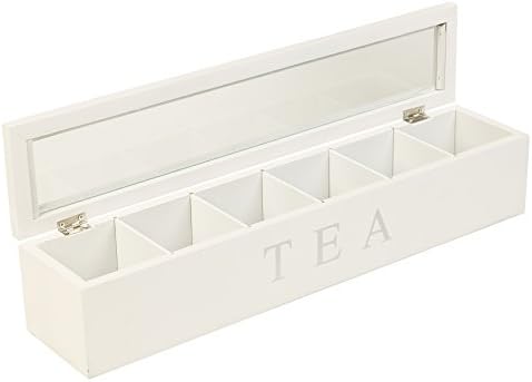 EG Homewares Wooden Tea Box 6 Compartments Hinged Glass Lid Spice Coffee Capsule Holder Food
