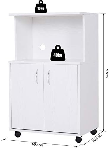 Ekas Rolling Kitchen Trolley Microwave Cart 2-Door Cabinet Storage Shelves w/Wheels (White Rolling Kitchen)