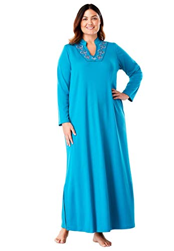 Only Necessities Women's Plus Size Long Embroidered Knit Lounger - Dark Turq, 26/28