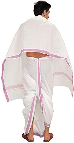 Exotic India White Dhoti and Angavastram Set with Woven Border - Color Cyclamen