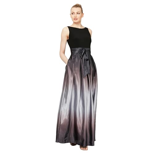 S.L. Fashions Women's Long Satin Mother of The Bride Dress with Pockets, Formal Party Gown (Petite and Regular Sizes) Special Occasion, Black Silver, 14