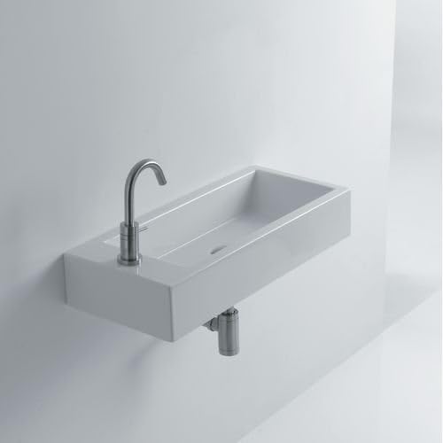 WS Bath Collections Hox Large 70R - WS08401F Ceramic Wall Mounted/Vessel Bathroom Sink with Left-Side Single Faucet Hole without Overflow, 27-3/5", White