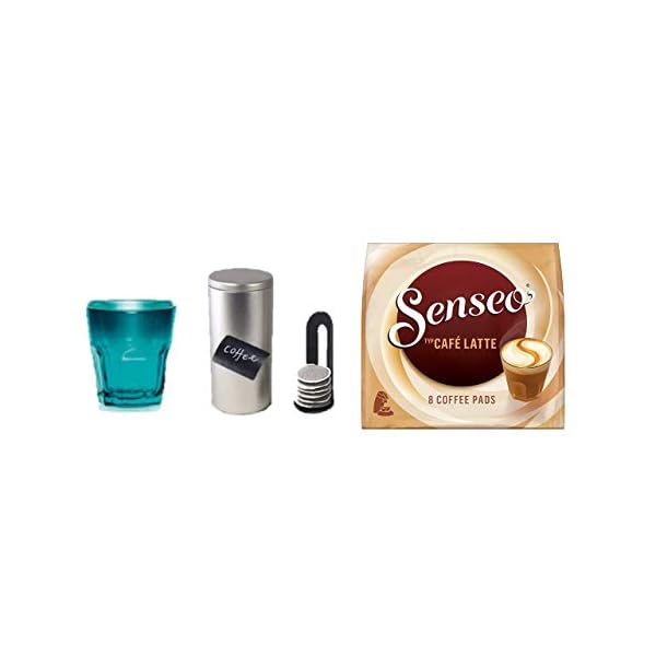 Senseo Kaffeepads Café Latte mit Becher von James Premium® T + Kaffeepaddose/Vorratsdose, inkl. 1. Etikett
