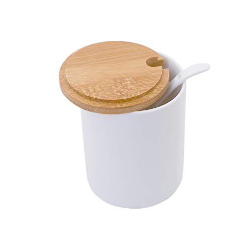 Porcelain Sugar Bowl with Spoon and Bamboo Lid, LUCKYGODDNESS 10.8 FL OZ Ceramic White Spice Jar Salt Pepper Holder Container Box Flour Serving Condiment Pot for Housewarming Gift