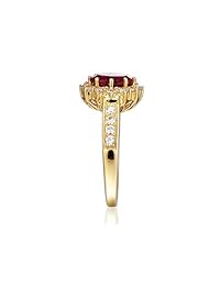 Anillo de oro amarillo de 10 quilates con rubí creado en laboratorio y zafiro blanco creado en laboratorio con grabado de filigrana Halo