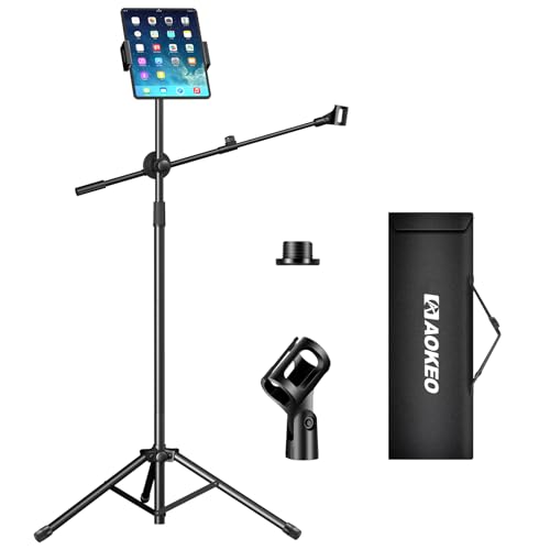 Aokeo Microphone Stand, Microphone Stand Floor, with Adjustable Tripod, Bag, Tablet Stand, Suitable for Any Microphone, Show, Singing, Speech