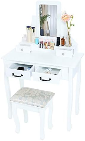 Trustiwood White Dressing Table with Mirror and Stool Makeup Desk Vanity Table with Storage Drawers and Removable Makeup Organiser for Bedroom Dressing Room Furniture