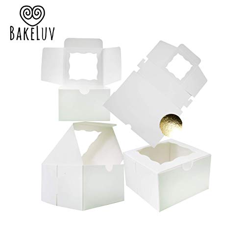 Bakery Boxes with Window 4x4x2.5” by BakeLuv | BUNDLE: 50 pack Cake Boxes + 50 pack Round Mini Cake Boards | Small Bakery Boxes, Cookie Boxes, Cake Boxes, Pastry Boxes, Treat Boxes, Window Boxes