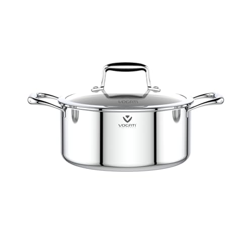VOGATI CASSEROLE 22CM TRY-PLY STAINLESS STEEL (4 LITRES) WITH GLASS LID -WELDED HANDLE-INDUCTION COMPATIBLE COVERED STOCKPOT-SOUP POTS- (100% PFOA FREE) (4 Litres)