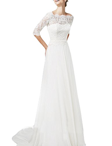 OYISHA Women's Half Sleeve Lace Wedding Dresses Long Boat Neck Bride Dress 135WD White 6
