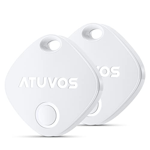 ATUVOS Smart Tracker Tag 2 Pack, Buscador de Objetos Bluetooth Compatible con Buscar Apple (Sólo iOS), Localizador Rastreador para Llaves, Carteras, Equipaje, Batería Reemplazable, Impermeable, Blanco