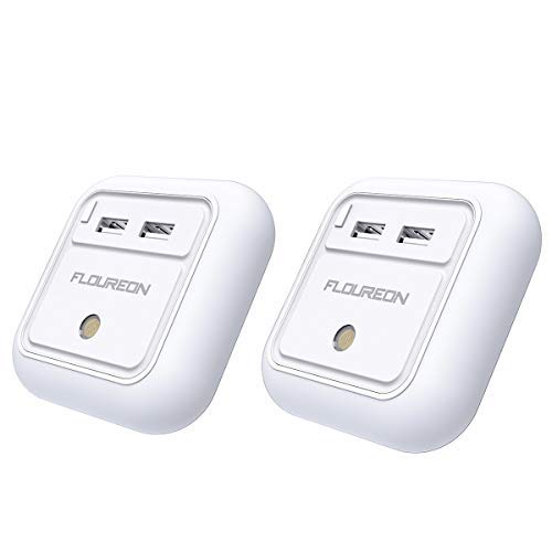 Floureon 12W 2.4A Dual USB Wall Charger Night Light Warm White LED Night Light Plug AC Adapter for iPhone X /8/7 /7 Plus/ 6S/ 6 Plus Samsung Galaxy Note 9, 8, S9, S8