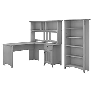 Bush Furniture Salinas 60W L Shaped Desk with Hutch and 5 Shelf Bookcase in Cape Cod Gray