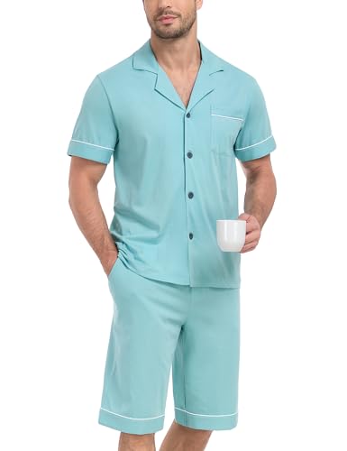 COLORFULLEAF Herren-Pyjama-Set, 100 % Baumwolle, kurzärmelig, Knopfleiste, gekerbter Kragen, Nachtwäsche, weicher Lounge-Pyjama mit Taschen, Azurblau,