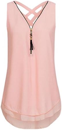 Qisc Womens Tops Women Casual Summer Chiffon Blouse V Neck Sleeveless Top Shirts with Zipper (M, Pink)