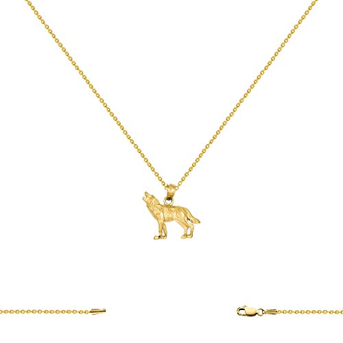 14k Yellow Gold Wolf Charm with Cable Chain Necklace 16-24 Inch