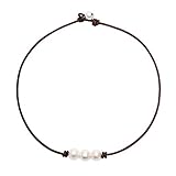 White Pearl Choker Necklace with Three Beads on Genuine Leather Jewelry for Women Girls 16
