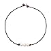 POTESSA White Pearl Choker Necklace with Three Beads on Genuine Leather Jewelry for Women Girls 16