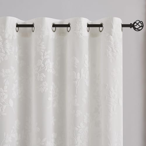 Treatmentex Sheer Curtains with Eyelets, Set of 2 Modern Curtains with Leaf Print, White Curtains for Living Room, Bedroom and Dining Room, 140 x 245 cm