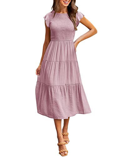 MEROKEETY Abito Midi Estivo a Maniche Corte a Smock da Donna Estivo Casual a Strati, Rosa Scuro., S