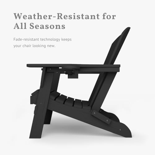 Patio Kingdom Folding Adirondack Chairs with Cup Holders, Set of 6 HDPE Plastic Outdoor Chairs, Weather Resistant, Real Wood Look, Heavy-Duty Patio Furniture for Deck, Fire Pit, Backyard, Black